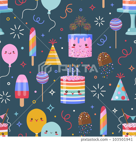 Cute Kawaii Cakes Sweets and Balloons Pattern 103501941