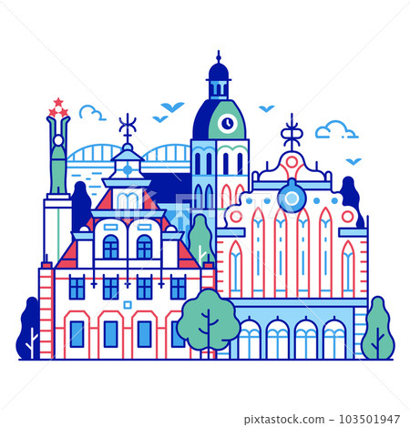 Riga Old Town City Skyline in Line Art Riga Old Town City Skyline in Line Art 103501947