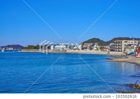 Looking towards Morito Shrine from the Manaze Coast in Hayama Town, Kanagawa Prefecture 103502616