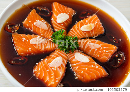 Salmon marinated Shoyu or Salmon Pickled Soy Sauce 103503279