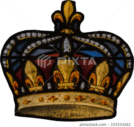 Close up of ornate crown decorated with gold fleur de lys in stained glass panel detail. Isolated on white, clipping path. High quality photo 103503882