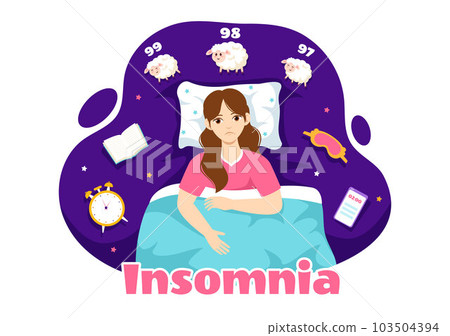 Insomnia Vector Illustration with Young People Unable to Sleep, Thinking and Eyes Open at Night Bedroom in Flat Cartoon Hand Drawn Templates 103504394