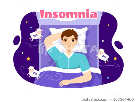 Insomnia Vector Illustration with Young People Unable to Sleep, Thinking and Eyes Open at Night Bedroom in Flat Cartoon Hand Drawn Templates 103504400