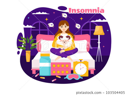Insomnia Vector Illustration with Young People Unable to Sleep, Thinking and Eyes Open at Night Bedroom in Flat Cartoon Hand Drawn Templates Insomnia Vector Illustration with Young People Unable to Sleep, Thinking and Eyes Open at Night Bedroom in Flat Cartoon Hand Drawn Templates 103504405