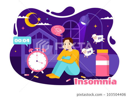 Insomnia Vector Illustration with Young People Unable to Sleep, Thinking and Eyes Open at Night Bedroom in Flat Cartoon Hand Drawn Templates Insomnia Vector Illustration with Young People Unable to Sleep, Thinking and Eyes Open at Night Bedroom in Flat Cartoon Hand Drawn Templates 103504406