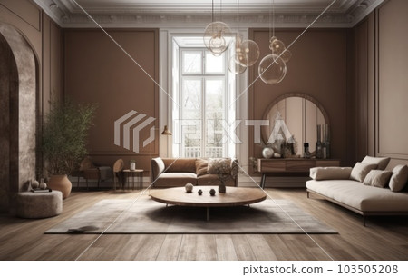 Warm and cozy interior of living room space with sofa, pouf, carpet, lamp, mock up poster frame, decoration, plant and coffee table. Cozy home decor. Template. AI Generative. Warm and cozy interior of living room space with sofa, pouf, carpet, lamp, mock up poster frame, decoration, plant and coffee table. Cozy home decor. Template. AI Generative. 103505208