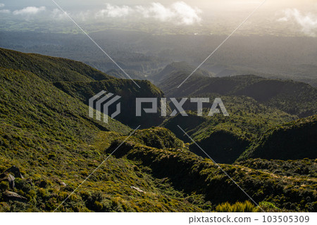 Beautiful landscape at the lower slopes of the Mt.Taranaki volcano in Egmont national park, New Zealand. In this national park has many route for hiking one day is Pouakai Crossing. Beautiful landscape at the lower slopes of the Mt.Taranaki volcano in Egmont national park, New Zealand. In this national park has many route for hiking one day is Pouakai Crossing. 103505309