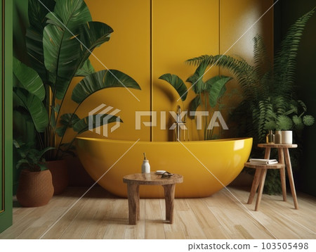 a bathtub in front of a green wall with plants on the walls and flooring it is surrounded by plants. AI Generative. 103505498