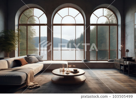 Beautiful rustic cottage with wooden walls and ceilings. Big window with vue on lake and forest on a sunny day. Scandinavian interior design. AI Generative. 103505499