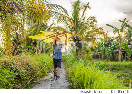 Boy launch a kite in a rice field in Ubud, Bali Island, Indonesia 103505546