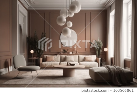 Warm and cozy interior of living room space with sofa, pouf, carpet, lamp, mock up poster frame, decoration, plant and coffee table. Cozy home decor. Template. AI Generative. Warm and cozy interior of living room space with sofa, pouf, carpet, lamp, mock up poster frame, decoration, plant and coffee table. Cozy home decor. Template. AI Generative. 103505861