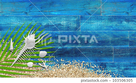 Seashells, sandy coral and palm leaves, summer color wood deck background 103506305