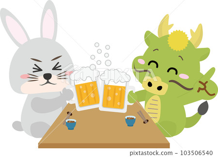 A dragon and a rabbit toasting with beer at a banquet such as a year-end party or a new year's party A dragon and a rabbit toasting with beer at a banquet such as a year-end party or a new year's party 103506540
