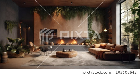 Panoramic view of luxurious living room with fireplace sofa with natural view. Generative AI. Panoramic view of luxurious living room with fireplace sofa with natural view. Generative AI. 103506642
