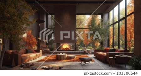 Panoramic view of luxurious living room with fireplace sofa with natural view. Generative AI. Panoramic view of luxurious living room with fireplace sofa with natural view. Generative AI. 103506644