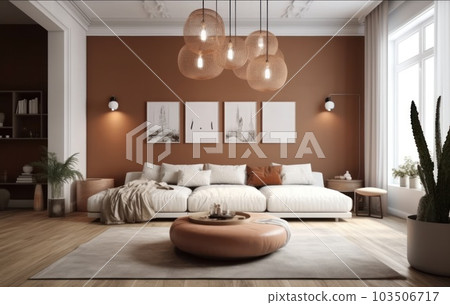 Warm and cozy interior of living room space with sofa, pouf, carpet, lamp, mock up poster frame, decoration, plant and coffee table. Cozy home decor. Template. AI Generative. Warm and cozy interior of living room space with sofa, pouf, carpet, lamp, mock up poster frame, decoration, plant and coffee table. Cozy home decor. Template. AI Generative. 103506717