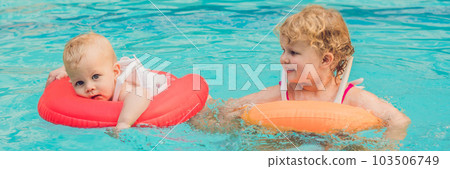 Brother and sister having fun in the pool in inflatable circles BANNER, LONG FORMAT Brother and sister having fun in the pool in inflatable circles BANNER, LONG FORMAT 103506749