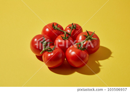 Against a yellow background, ripe fresh tomatoes decorated. Tomatoes contain a lot of vitamins A, C and B6 which are good for skin and hair Against a yellow background, ripe fresh tomatoes decorated. Tomatoes contain a lot of vitamins A, C and B6 which are good for skin and hair 103506937