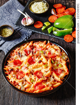 Pizza Casserole of pasta, beef, pepperoni, cheese Pizza Casserole of pasta, beef, pepperoni, cheese 103506991