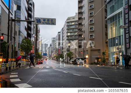 Shinjuku cityscape at dusk seen from the intersection Shinjuku cityscape at dusk seen from the intersection 103507635