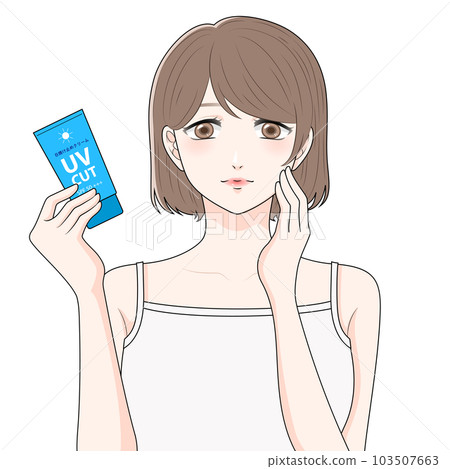 A woman with sun cream open her eyes A woman with sun cream open her eyes 103507663