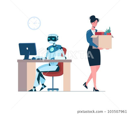Woman lost her job due to robotics. The robot is in the workplace, and person is fired. Business people, unemployment. Artificial intelligence has replaced humans. Flat vector illustration isolated 103507961