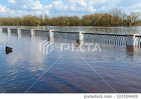 High water. Flooded embankment of Sozh River, Gomel, Belarus High water. Flooded embankment of Sozh River, Gomel, Belarus 103509489