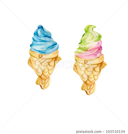 Taiyaky dessert ice-cream collection. Two colorfull ice-cream in fish vaffle. Watercolor illustration on isolated white background 103510134