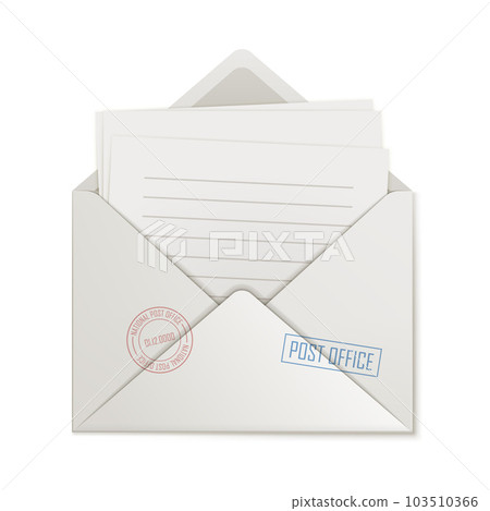 Uncovered envelope, few lined paper, isolated Uncovered envelope, few lined paper, isolated 103510366