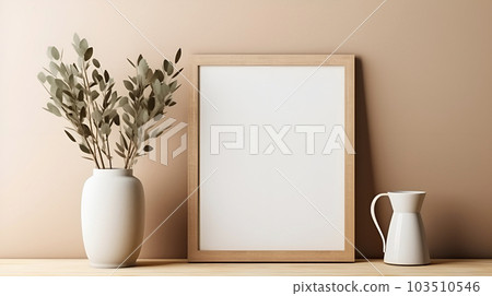 Empty wooden picture frame, poster mockup hanging on beige wall background. Vase with green eucalyptus tree branches on table , generated AI 103510546