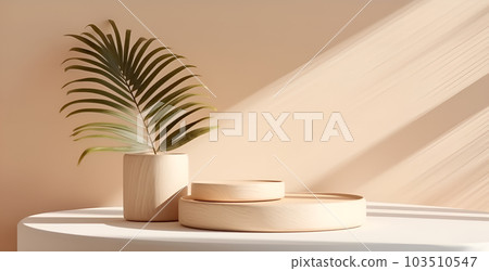 Two minimal modern wooden round tray podium on white glossy table counter in sunlight, leaf shadow for luxury beauty product , generated AI 103510547