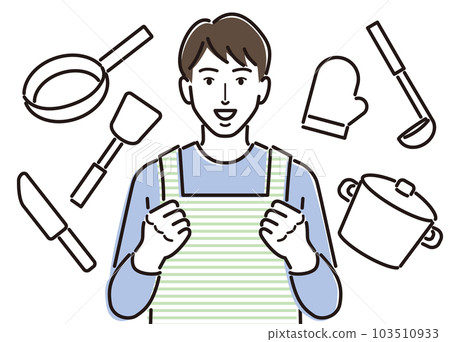 Cooking utensils and a man in an apron full of motivation 103510933