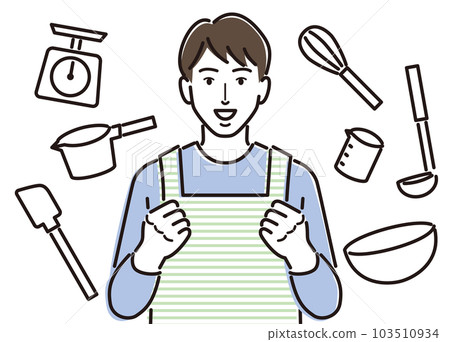 Confectionery tools and a man in an apron full of motivation 103510934