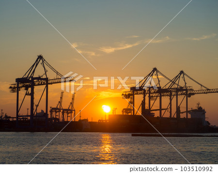 black sea port Odesa, Ukraine with a lot of cranes, cabins, boxes and tanks 103510992