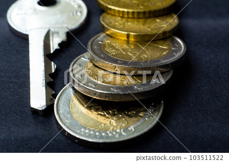 House key on with euro coins money, property market, sale, or rental 103511522