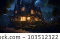 An old wooden house with glowing windows at night 103512322