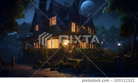An old wooden house with glowing windows at night An old wooden house with glowing windows at night 103512322