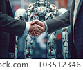 Two people shake hands against the background of a robot 103512346