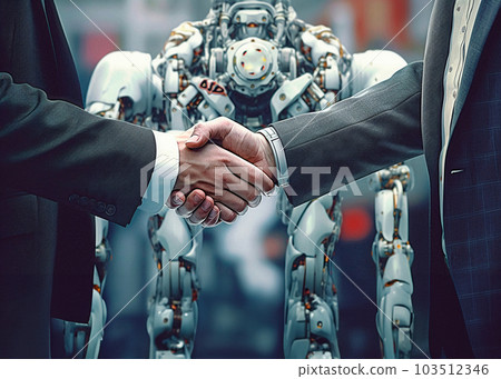Two people shake hands against the background of a robot Two people shake hands against the background of a robot 103512346