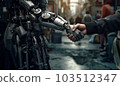 The hand of a metal robot shakes the hand of a man in a black jacket 103512347