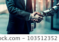 A man in a suit shakes hands with a robot 103512352