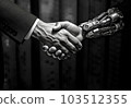 The hand of a man in a suit shakes the hand of a robot 103512355