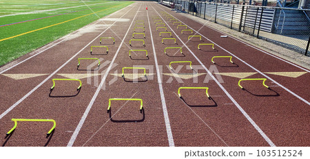 Four rows of mini hurdles set up on a track in lanes 103512524