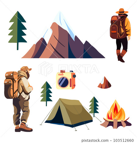 Carry stuff for travel. Tourist bag and accessories set. Backpack content, essentials, things, supplies and equipment. Flat graphic vector illustration Carry stuff for travel. Tourist bag and accessories set. Backpack content, essentials, things, supplies and equipment. Flat graphic vector illustration 103512660