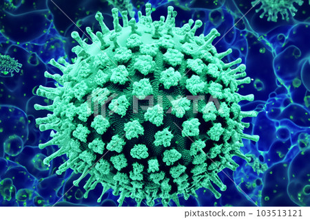 Virus. VIrus illustration. Virus 3d rendering of a virus. Microbiology And Virology Concept. Ebola. Coronavirus. Medical concept. Illustration. Covid 19 or flu or monkeypox 3d. 103513121