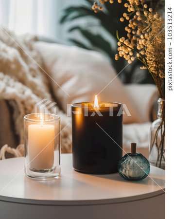 Burning candle mockup, styled home interior decor with black ceramic candle jar template Burning candle mockup, styled home interior decor with black ceramic candle jar template 103513214