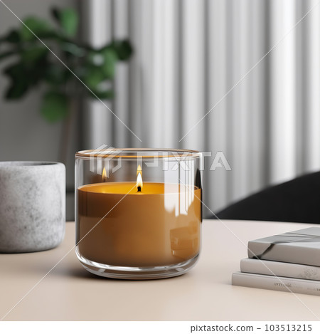 Burning candle mockup, styled home interior decor with clear glass candle jar template Burning candle mockup, styled home interior decor with clear glass candle jar template 103513215