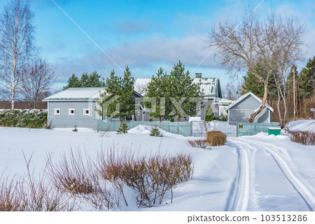 Private luxury house in the village at winter day. Private luxury house in the village at winter day. 103513286