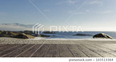 Wooden table. Top of wood table with seascape, blur bokeh light of calm sea and sky background. Empty ready for your product display montage. summer vacation background concept. 103513364