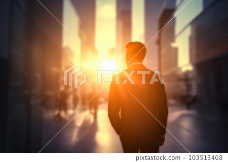 Back view businessman walking down street city at sunset. Career, movement to achieve goals. Back Lit Male silhouette on sunrise city background 103513408